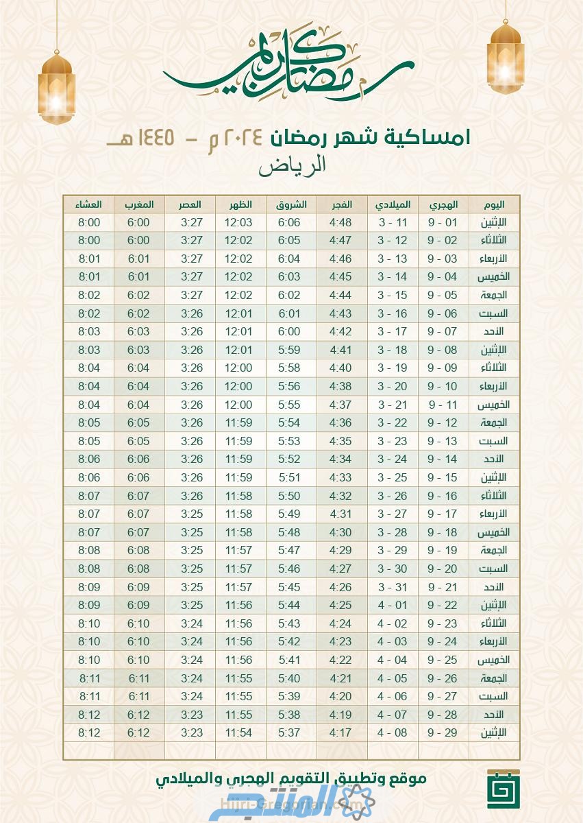 تحميل امساكية رمضان 2024 الرياض pdf